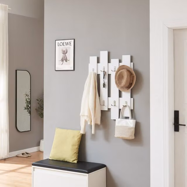 Perchero de pared Raseborg en.casa con 16 ganchos, diseño minimalista para entrada, dormitorio u oficina, color blanco, An/P/Al: 80 x 60 x 3 cm
