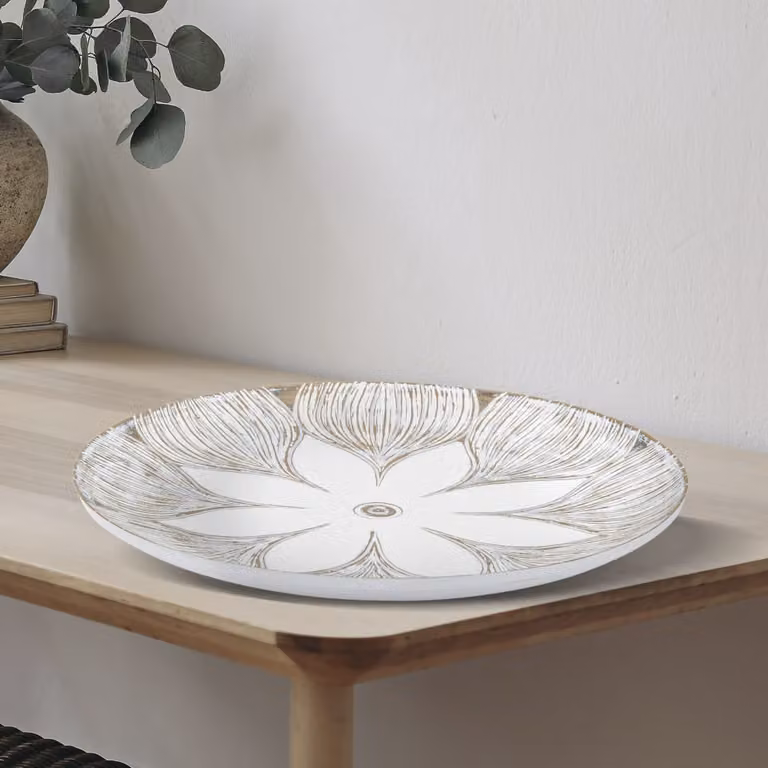 Vaciabolsillos Mauro Ferretti de resina blanca con diseño floral redondo, Diámetro: 35,5 cm, Altura: 4,4 cm