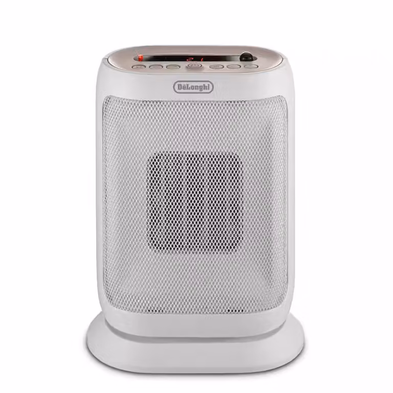 Calefactor eléctrico con ventilador de cerámica De'Longhi HFXR40T20WB en color blanco con mando a distancia y temporizador