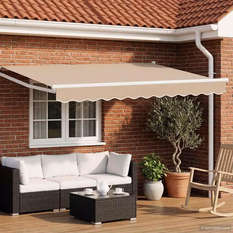 Toldo articulado manual Prolenta con luces LED en color beige y blanco, An: 350 cm, Al: 250 cm