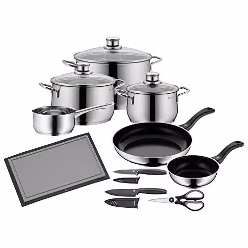Juego de batería de cocina y utensilios WMF Diadem Plus de 10 piezas en acero inoxidable y cristal, color plata y negro, apto para inducción