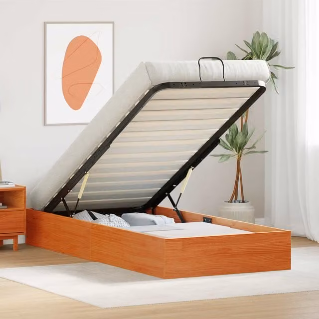 Estructura de cama ottoman con almacenamiento Maison Exclusive en madera de pino color marrón cera, An/P/Al: 90 x 200 x 25 cm