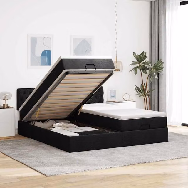 Estructura de cama otomana con colchón Maison Exclusive en tela negra de 200 x 200 cm