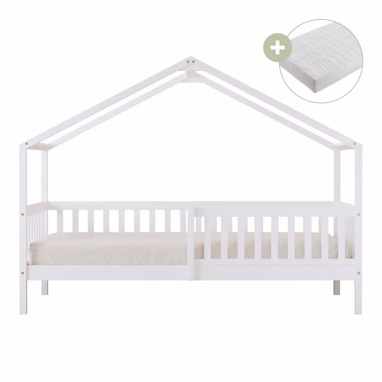 Cama cabaña Sunny de madera de pino blanca con colchón híbrido para niños An/P/Al: 200 x 90 x 120 cm