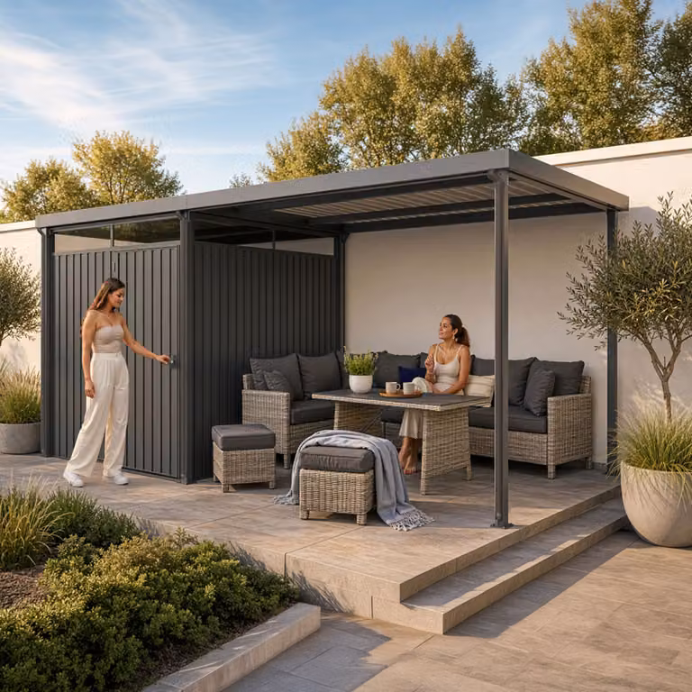 Caseta de jardín Home Deluxe LEVANTO con cubierta de acero, color antracita, An/P/Al: 204 x 226 cm