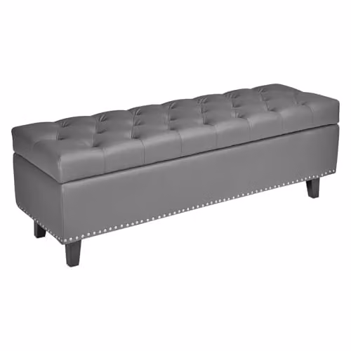 Banco de cuero sintético VEVOR con almacenaje y patas de madera maciza, Gris, An/P/Al: 130,5 x 41,5 x 44 cm