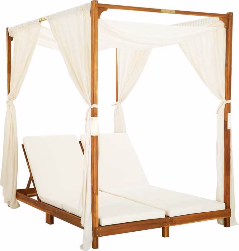 Tumbona doble Syfax de madera de acacia con cortinas, cojines beige y dosel solar ajustable An/P/Al: 220 x 148 x 65 cm
