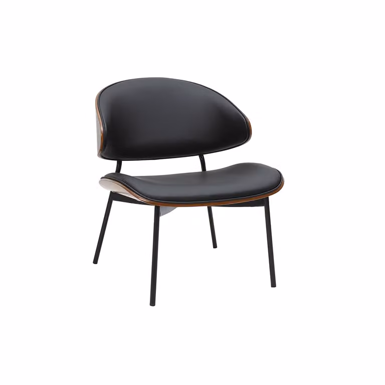 Sillón lounge FABULO en piel sintética negra con estructura de madera de nogal y metal negro