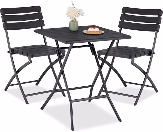 Conjunto de muebles de jardín y balcón de 3 piezas Relaxdays con mesa y 2 sillas plegables, efecto madera, acero y plástico, negro