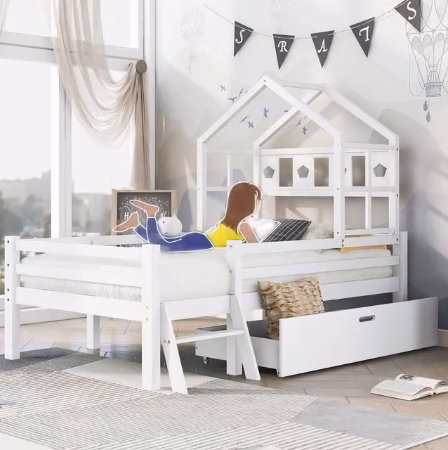 Cama de cabaña semialta BEAOK para niños en madera de pino lacada blanca con escalera, cajones y estructura de casa, An/P/Al: 90 x 200 x 159 cm