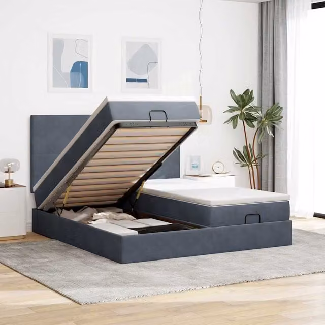 Estructura de cama otomana con base abatible Maison Exclusive en terciopelo gris y blanco, An/P/Al: 160 x 200 x 28 cm