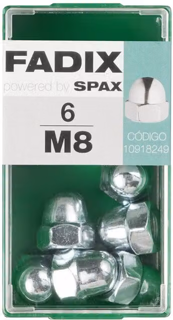 Tuerca ciega cincada M8 de acero color plata FADIX caja de 6 unidades