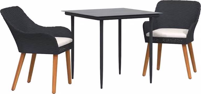 Conjunto de comedor de jardín Syfax de 3 piezas en ratán sintético negro y cristal con mesa cuadrada