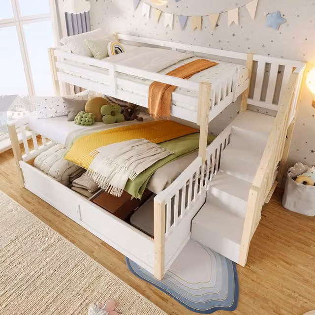 Litera de REDOM con almacenamiento hidráulico y escalera con estantes, fabricada en pino y MDF, color blanco y beige (sin colchón)