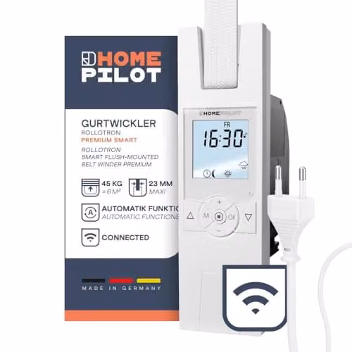 Enrollador de cinta inteligente HOMEPILOT RolloTron Premium Smart en color blanco con motor eléctrico y pantalla de control para persianas