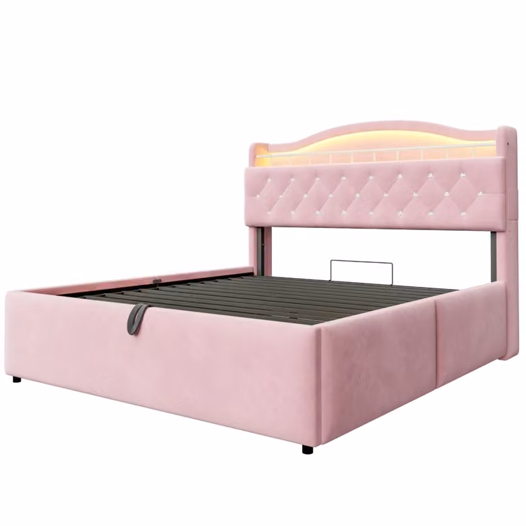 Cama arcón MODFU para adultos en terciopelo rosa con almacenamiento hidráulico, puerto USB, iluminación LED y somier metálico, An/P/Al: 140 x 200 cm