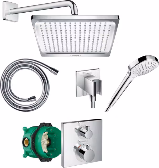 Conjunto de ducha empotrado con mezclador termostático Hansgrohe Ecostat Square en acabado cromado