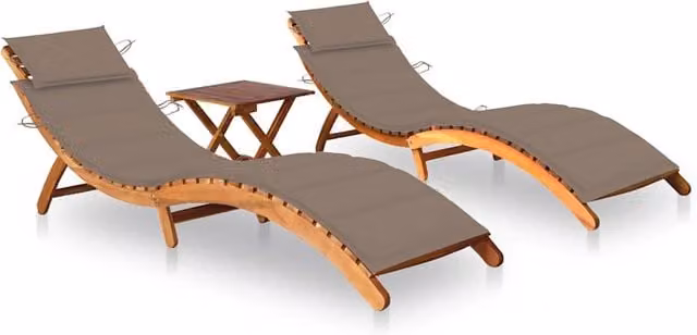 Set de 2 tumbonas con mesa y cojines SYFAX de madera de acacia aceitada en marrón y gris para jardín o terraza