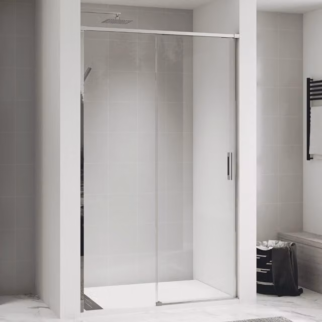 Mampara de ducha frontal BAÑO TOTAL con una puerta corredera y un panel fijo, vidrio de 6 mm antical transparente y perfilería en cromo brillante, Ancho: 115 cm