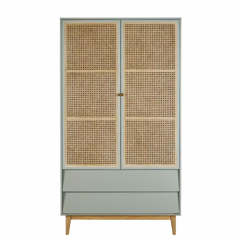 Armario de 2 puertas y 2 cajones de ratán y madera de Maison du Monde en azul grisáceo