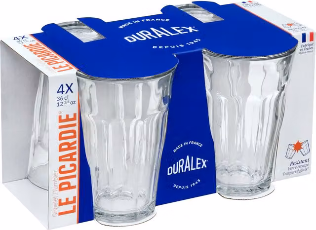 Juego de 4 vasos de agua altos Picardie de Duralex, color transparente, 360 cc, An/P/Al: 27.8 x 16.2 x 14.2 cm