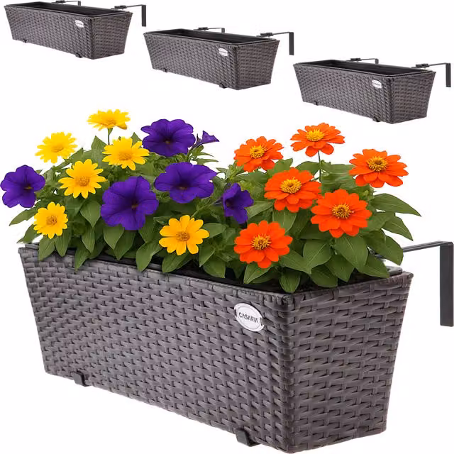 Set de 4 jardineras exteriores Casaria® de ratán sintético marrón en plástico y acero galvanizado