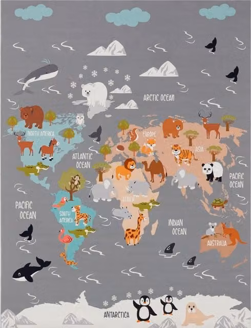 Alfombra infantil Bini gris y multicolor con diseño de animales, rectangular, An/P: 200 x 290 cm