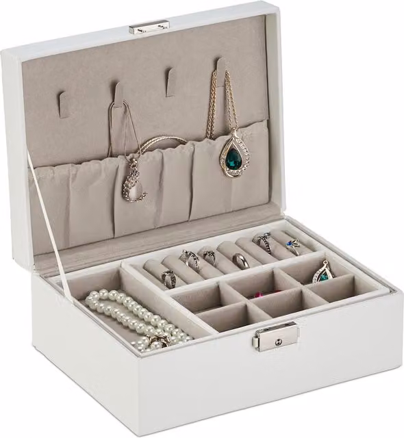 Joyero organizador relaxdays con soporte para anillos y compartimento extraíble, blanco, An/P/Al: 9,5 x 23 x 17,5 cm