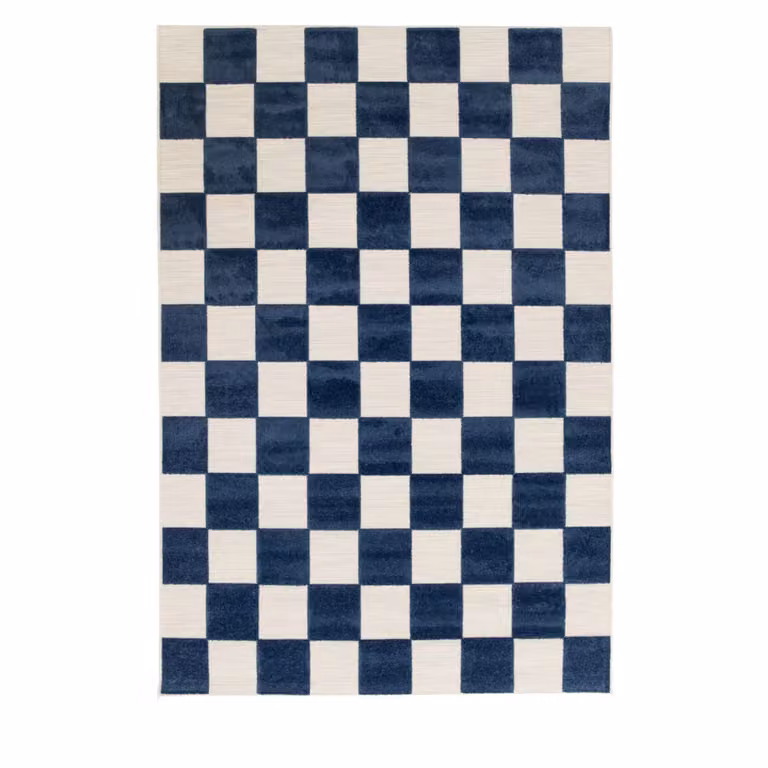 Alfombra de interior y exterior con motivos geométricos retro en azul y blanco, An/P: 120 x 170 cm