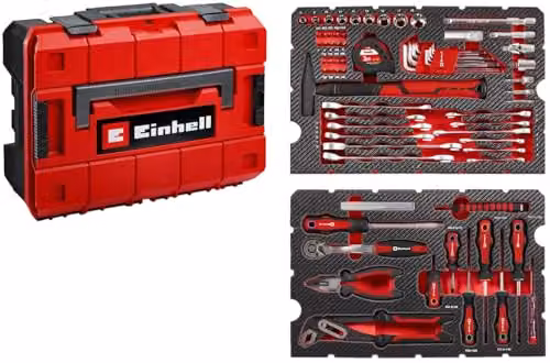 Juego de herramientas Einhell E-CASE de 80 piezas en maletín de plástico apilable, color rojo y negro