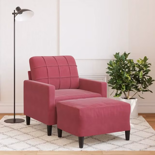 Sillón con taburete de terciopelo rojo vidaXL con estructura de metal y madera