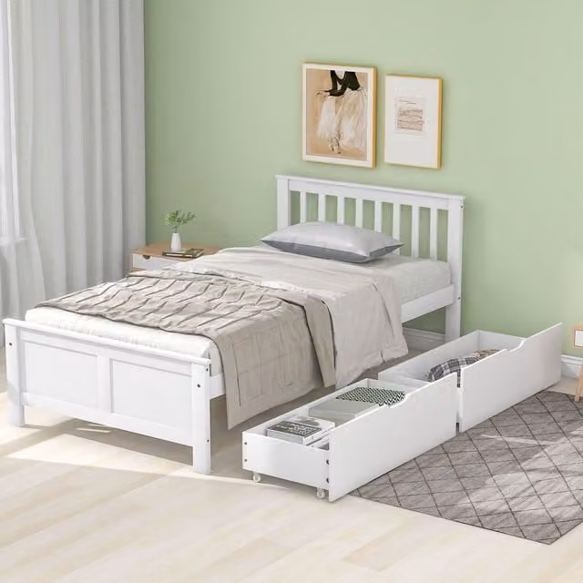 Cama Merax con cabecero y 2 cajones en pino y madera lacada blanca de 90 x 200 cm
