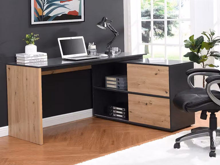 Escritorio rinconera moderno VENTE-UNIQUE en MDF con acabado lacado, color beige y negro, An/P/Al: 150 x 124 x 75 cm