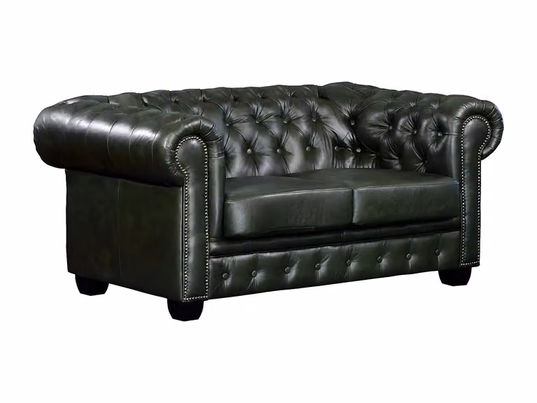 Sofá Chesterfield de 2 plazas Brenton en piel de búfalo color verde con estructura de madera sólida