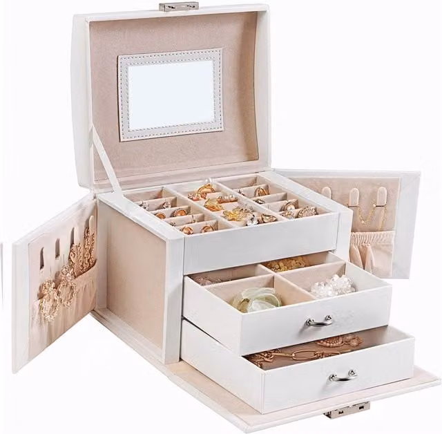 Caja joyero SONGMICS de 3 niveles con espejo, asa y cerradura, textil, blanco, An/P/Al: 17,5 x 13,5 x 12 cm