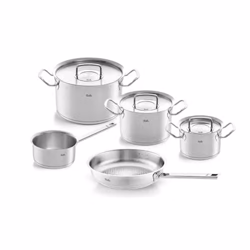 Juego de ollas Fissler Original-Profi Collection de 5 piezas en acero inoxidable color plata, incluye 3 ollas con tapa, 1 sartén y 1 cazo, apto para inducción