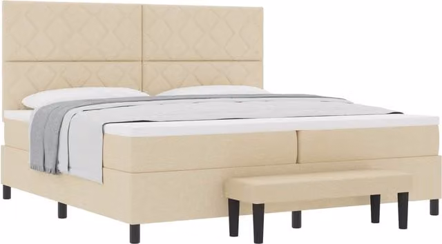 Cama tipo box spring SYFAX con cabecera geométrica en color beige y colchón híbrido An/P/Al: 200 x 200 x 28 cm