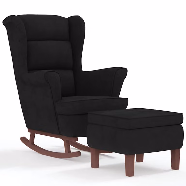 Mecedora moderna vidaXL con respaldo alto de terciopelo negro y estructura de madera maciza con otomana incluida
