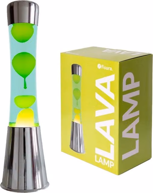 Lámpara de lava Fisura con base de metal cromado, líquido amarillo y lava verde