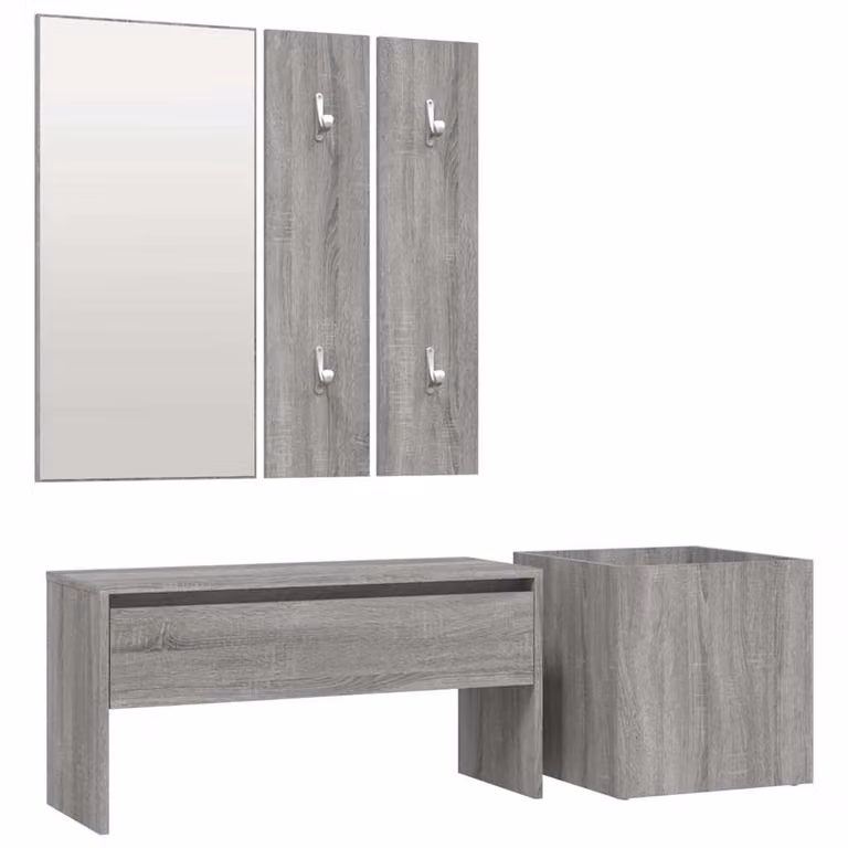 Set de muebles de recibidor vidaXL de estilo moderno en color gris, compuesto por banco, espejo y estante de pared de madera y plástico