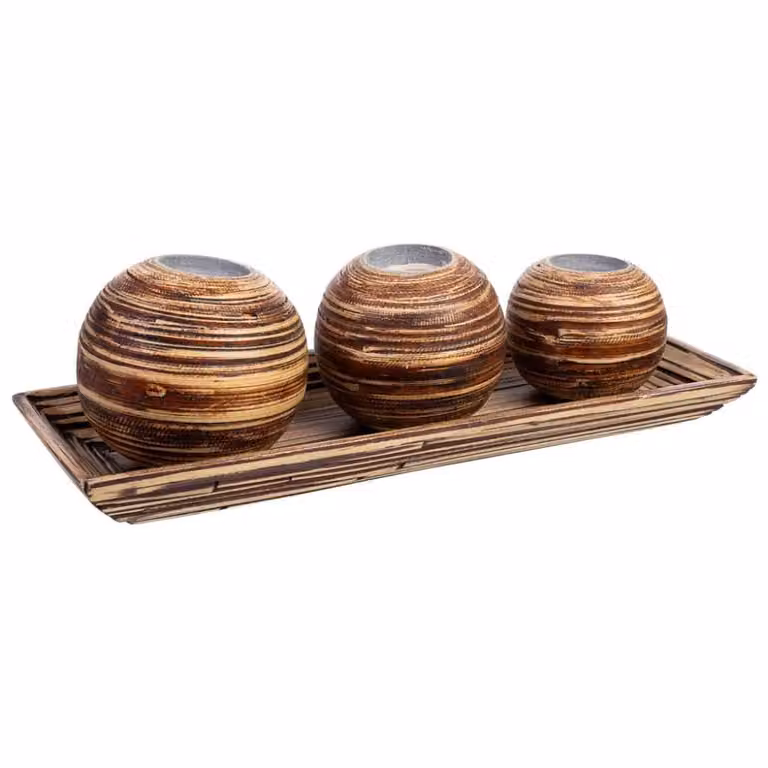 Juego de bandeja y 3 portavelas tealight Wanderlust deco de madera de bambú color marrón An/P/Al: 33 x 13 x 3 cm