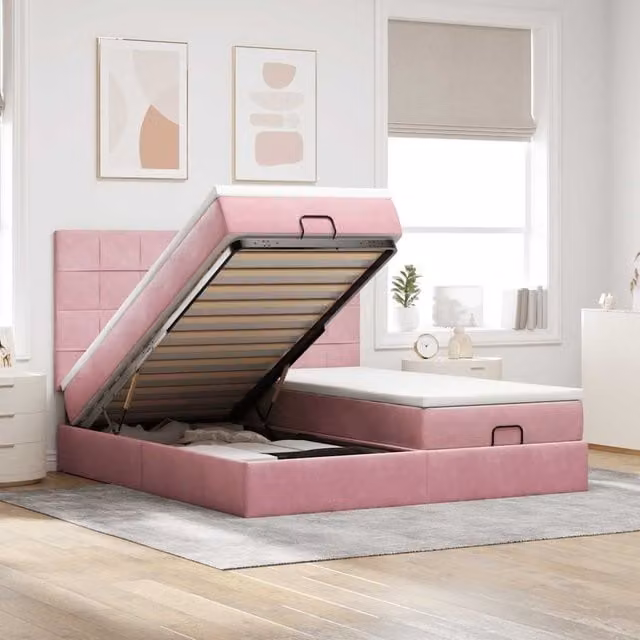 Estructura de cama otomana con almacenaje Maison Exclusive en terciopelo rosa y blanco, An/P/Al: 160 x 200 x 28 cm