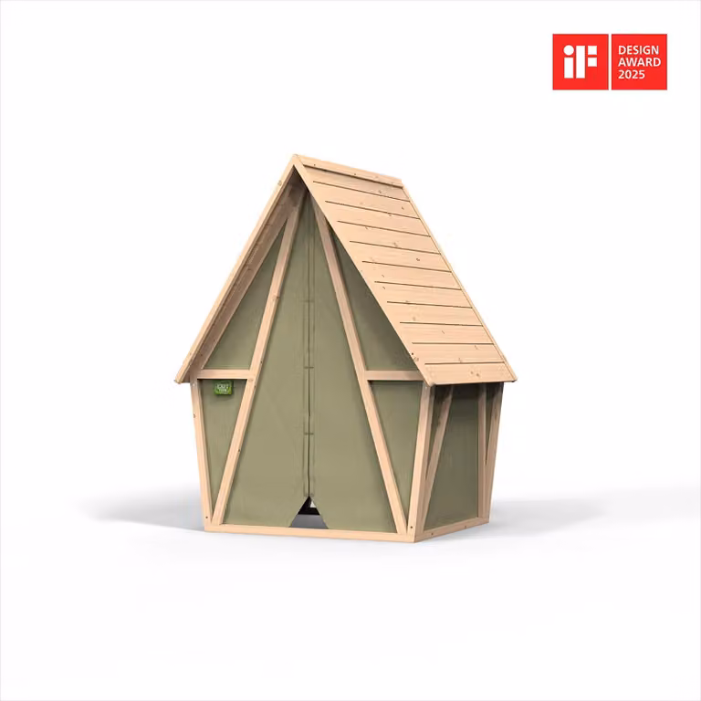 Casita infantil de madera EXIT Toys Yuki 100 en color verde y marrón con materiales resistentes a los rayos UV