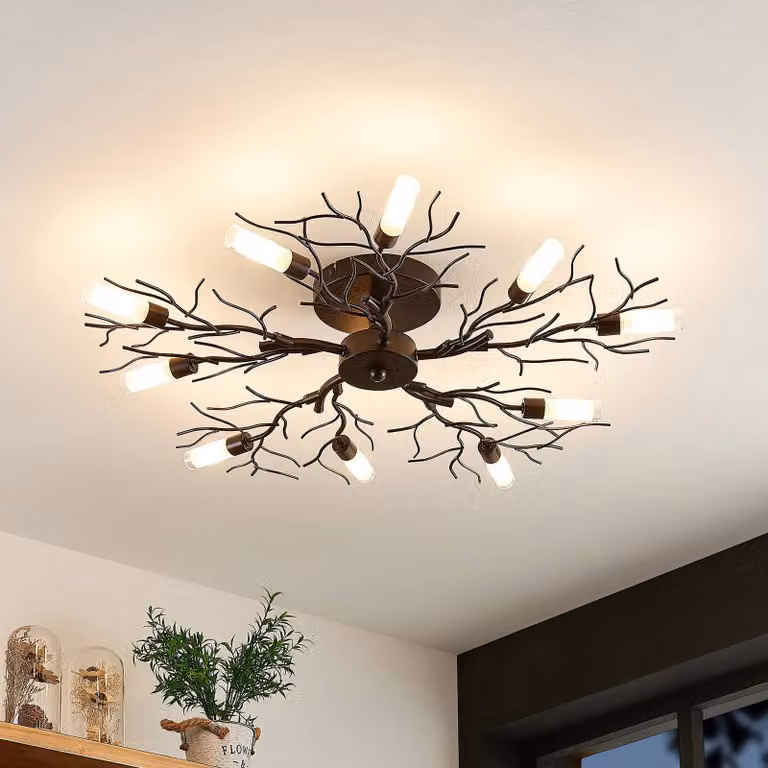 Lámpara de techo Bigna de Lindby, diseño moderno en metal y cristal, color marrón, regulable para salón o comedor