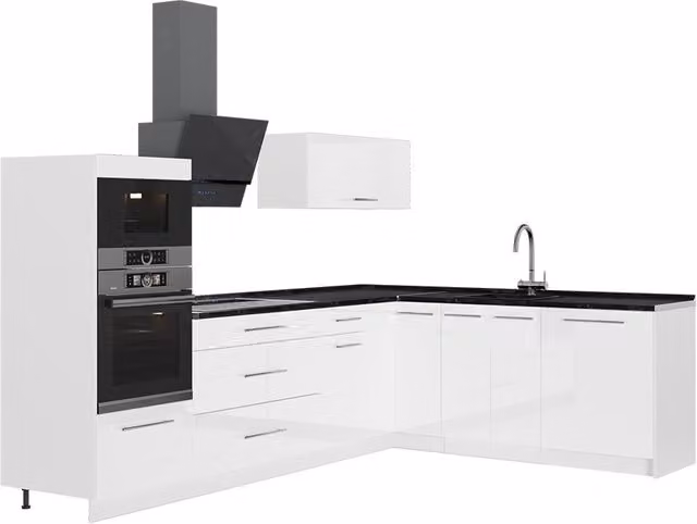 Cocina esquinera Vicco Fame-Line en blanco alto brillo y antracita, An/P/Al: 287 x 207 x 60 cm