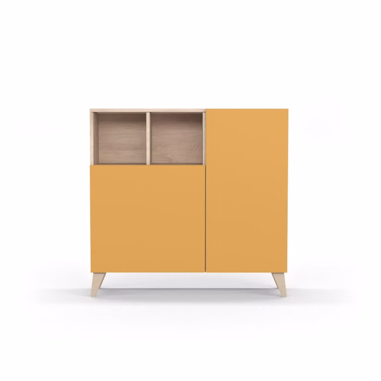 Mueble zapatero de estilo escandinavo HERDASA con patas de haya, color roble claro y puertas mostaza, An/P/Al: 87 x 27 x 90 cm
