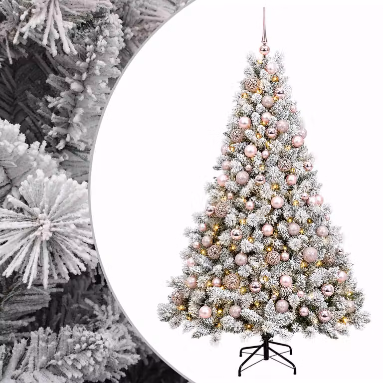 Árbol de Navidad Artificial vidaXL con 300 LED Blanco Cálido y Adornos, Verde y Blanco, Altura: 180 cm