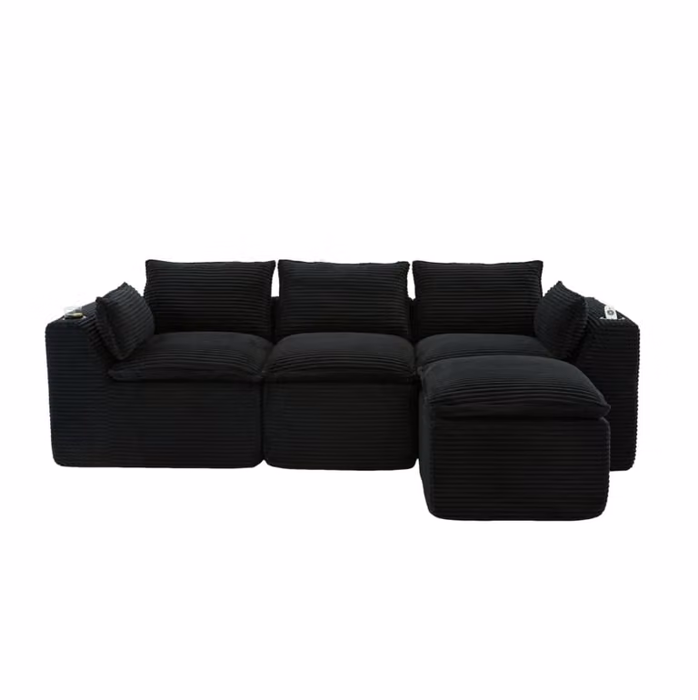 Sofá modular OKWISH en pana negra con reposapiés y diseño en forma de L, An/P/Al: 256 x 161 x 75 cm