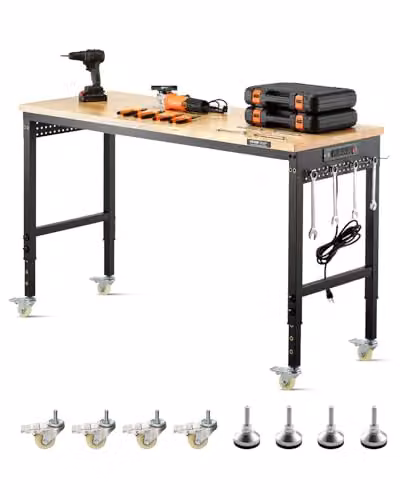 Banco de trabajo ajustable VEVOR con tablero de madera de roble, toma de corriente y ruedas, capacidad de carga de 907,2 kg, An/P/Al: 152,4 x 55,9 x 71,1-103,1 cm