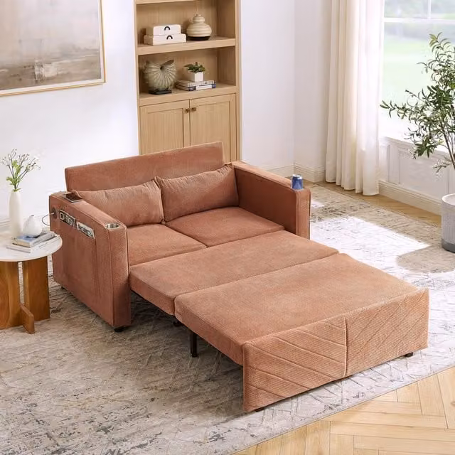 Sofá cama WISHDOR 3 en 1 con puertos USB, estructura de madera sólida y tapizado de tela naranja con cajón extraíble